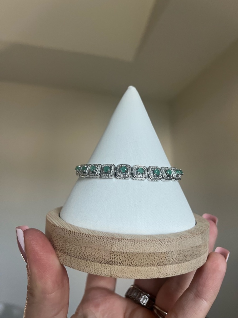 Emerald Halo Silver Adjustable Bracelet - Green